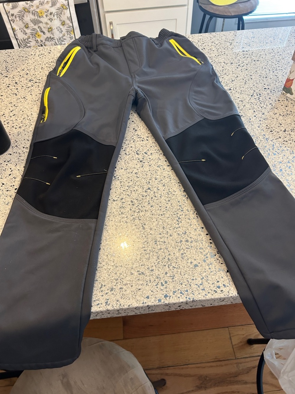 Men's Gray Softshell Work Pants with Black Panels and Yellow Accents